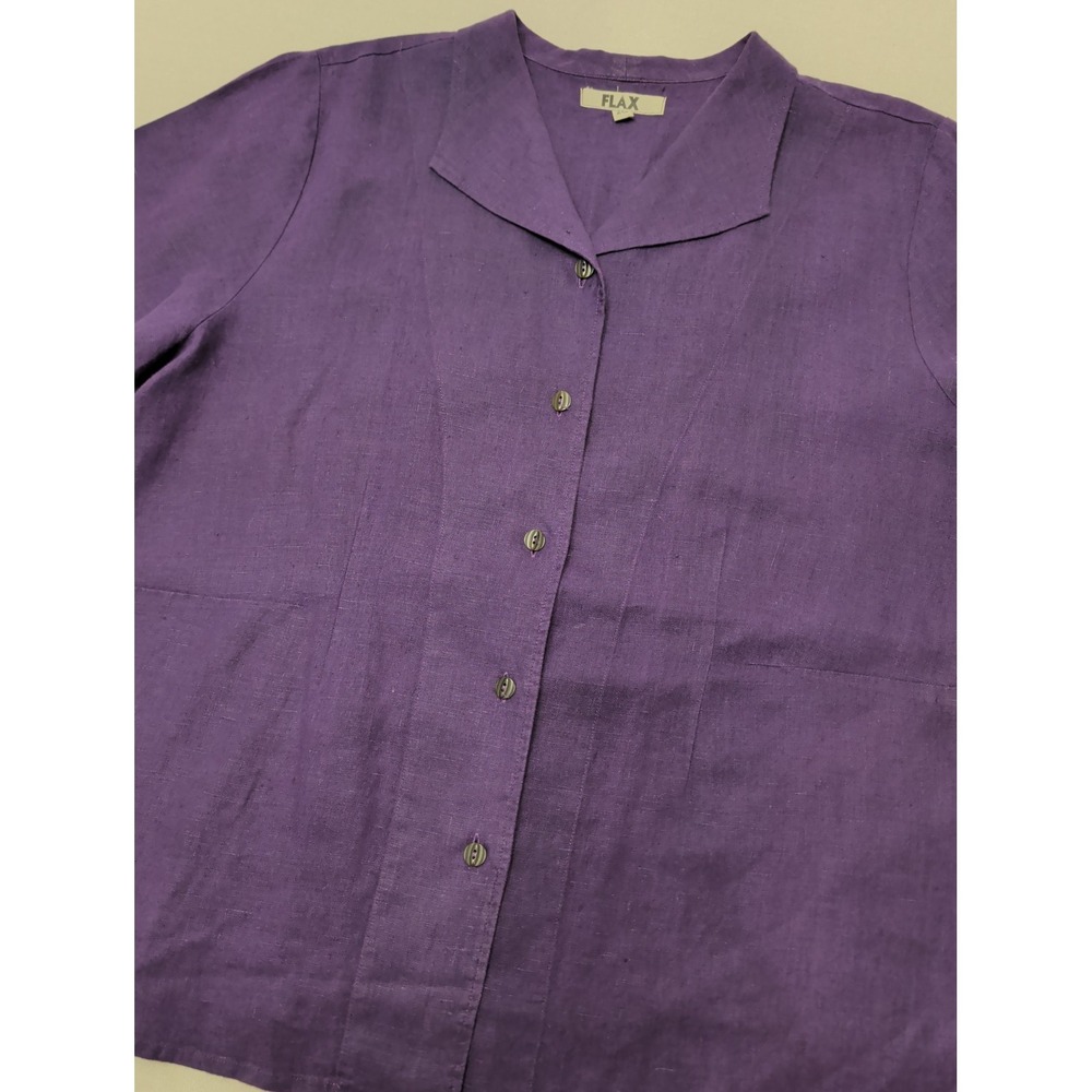 FLAX Purple Linen Short Sleeve Button Up Top Sz 2G Lagenlook Relaxed Flowy Boho